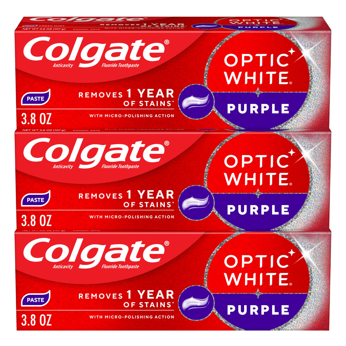 Colgate Optic White Purple frente del empaque mostrando pack triple y beneficio blanqueador