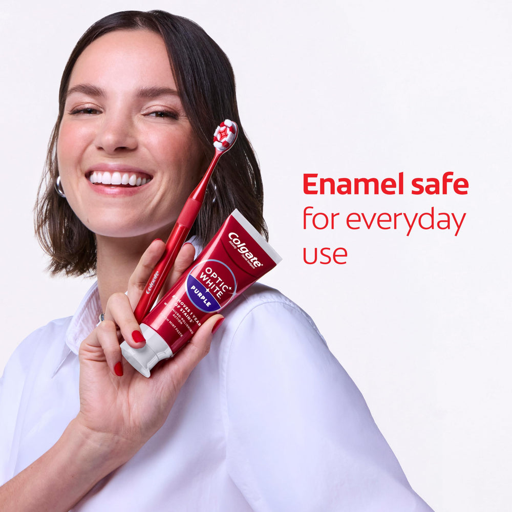 Colgate Optic White Purple etiqueta legible con ingredientes clave y beneficios claros