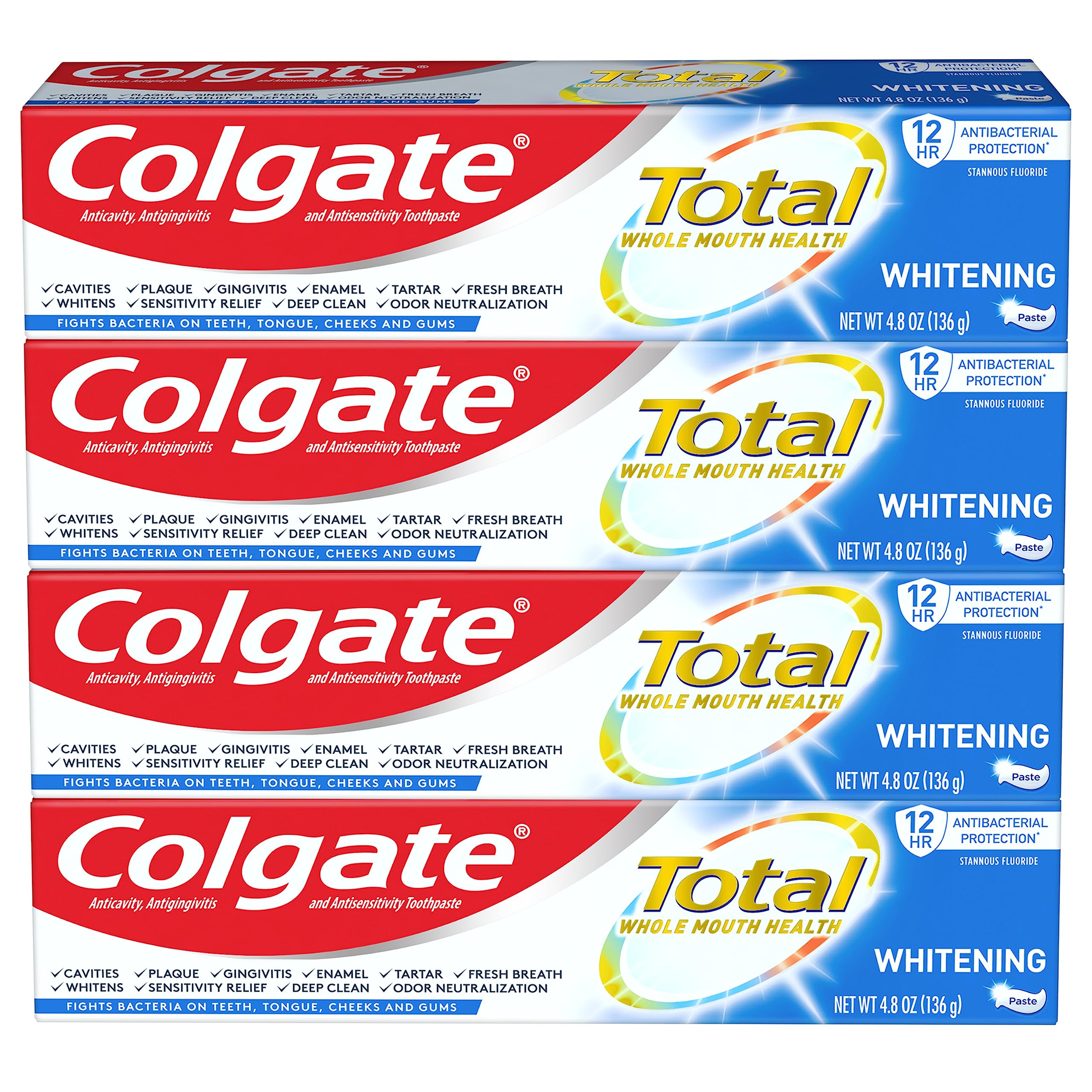 Colgate paquete frontal mostrando cuatro tubos y beneficios