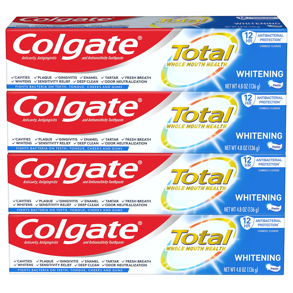 Colgate paquete frontal mostrando cuatro tubos y beneficios