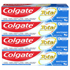 Colgate paquete frontal mostrando cuatro tubos y beneficios