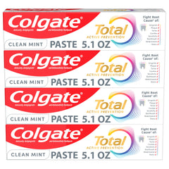 Colgate Total frente del empaque mostrando pack de cuatro y beneficio conveniencia
