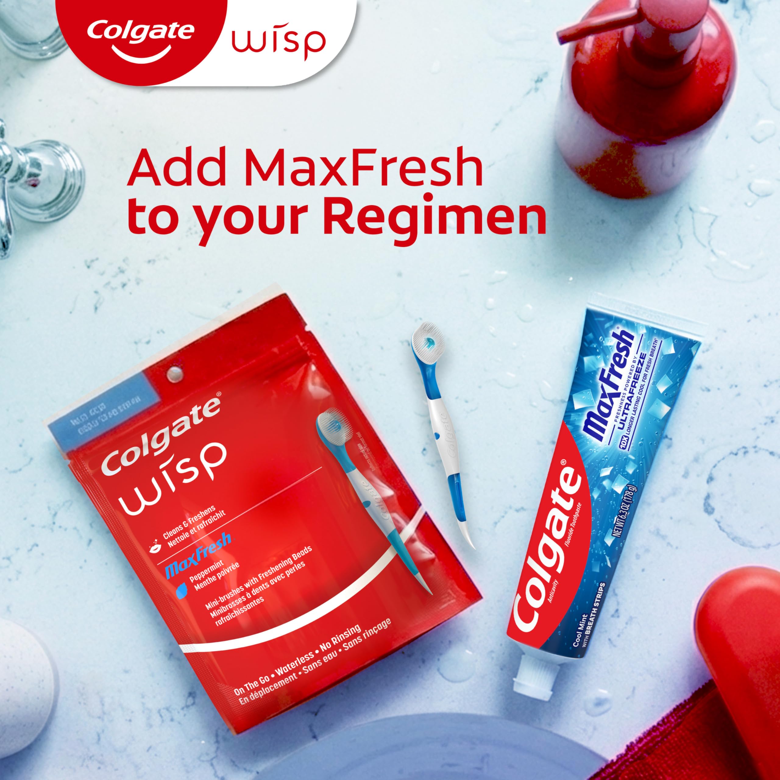 colgate wisp brushes displayed at an office amenity station for client-ready freshness