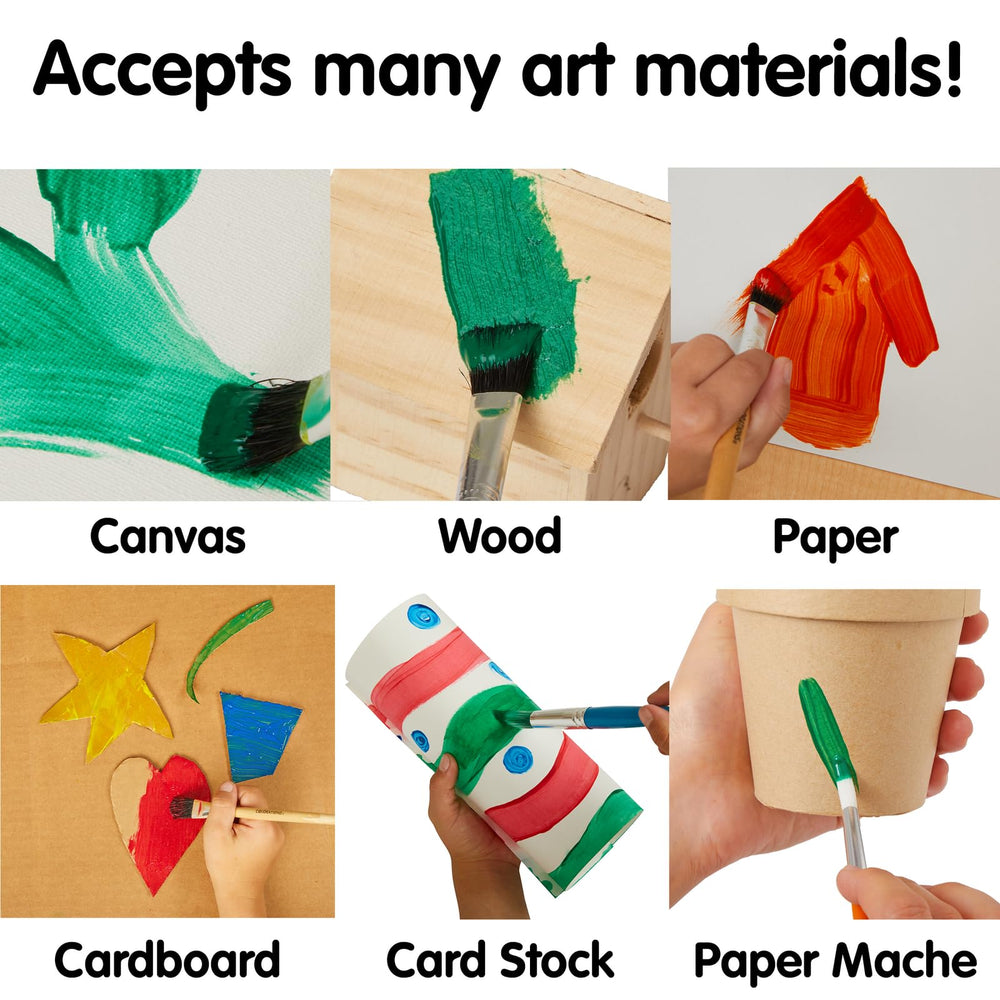 Estantería escolar con varios frascos Colorations listos para actividades artísticas