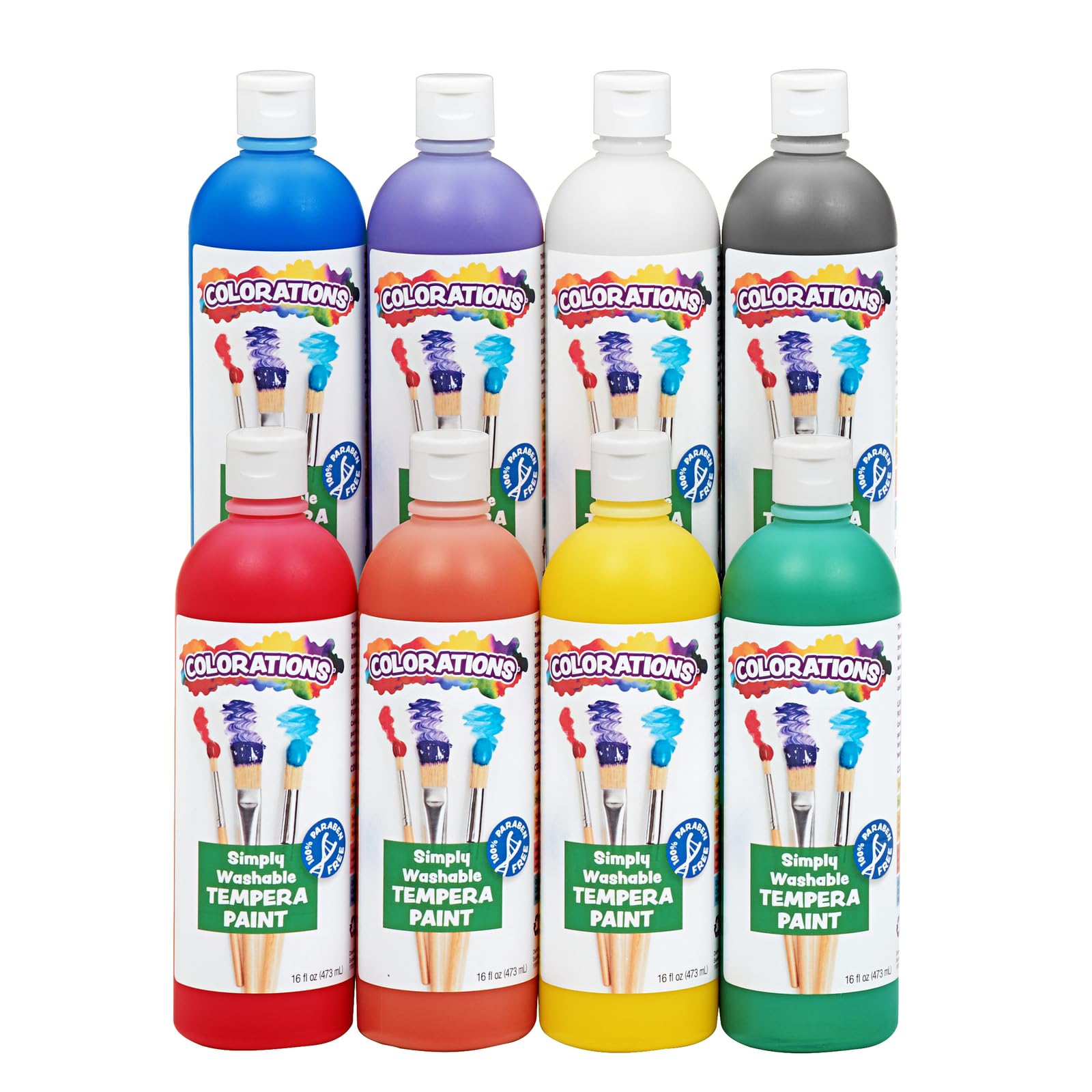 Colorations pack frontal mostrando los ocho frascos y colores vibrantes, ideal para aulas