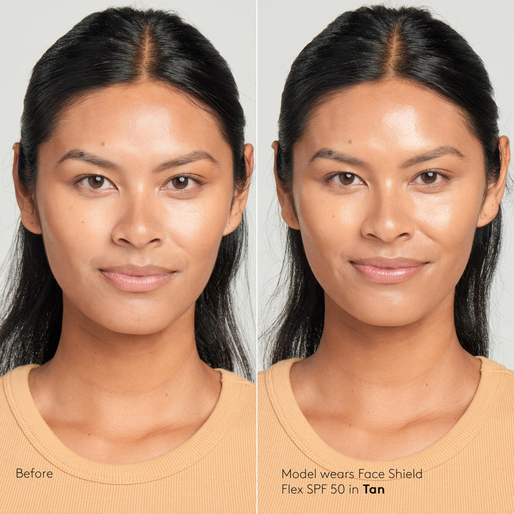 Colorescience imagen antes y después que muestra tono unificado y piel más uniforme
