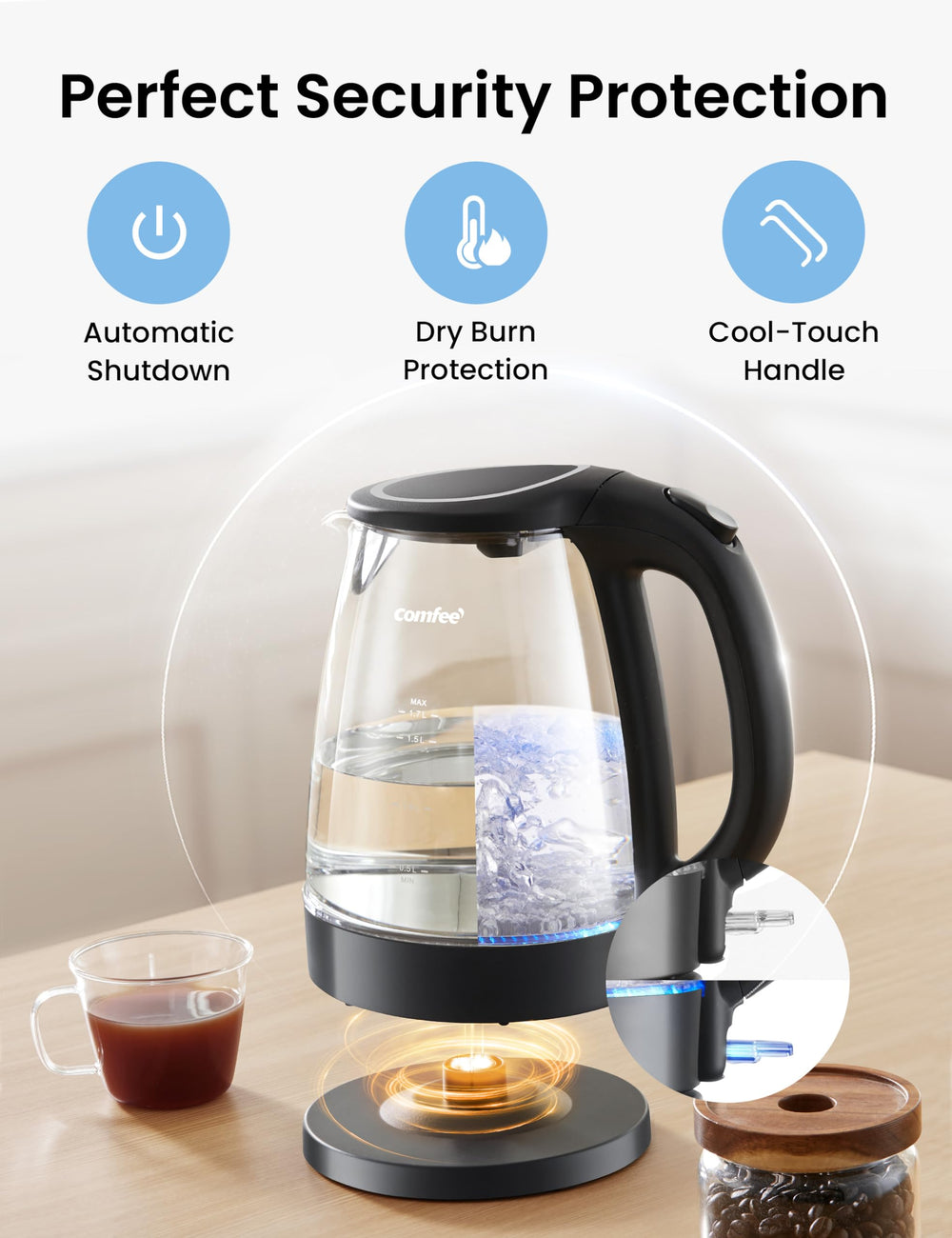 COMFEE' comparación de tamaño junto a tazas mostrando la capacidad 1.7L