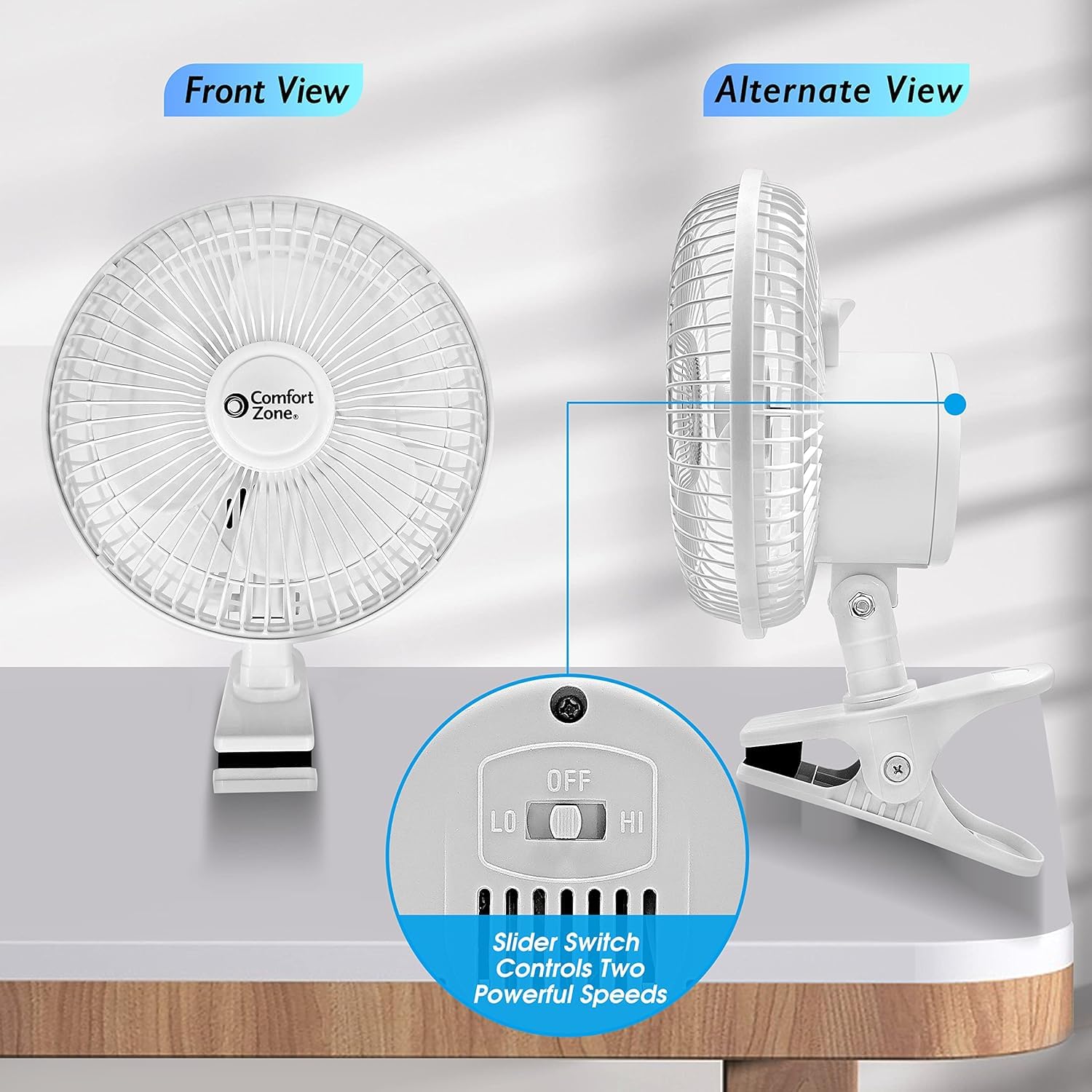 Comfort Zone ventilador ángulo inclinación mostrando ajuste y dirección precisa del aire