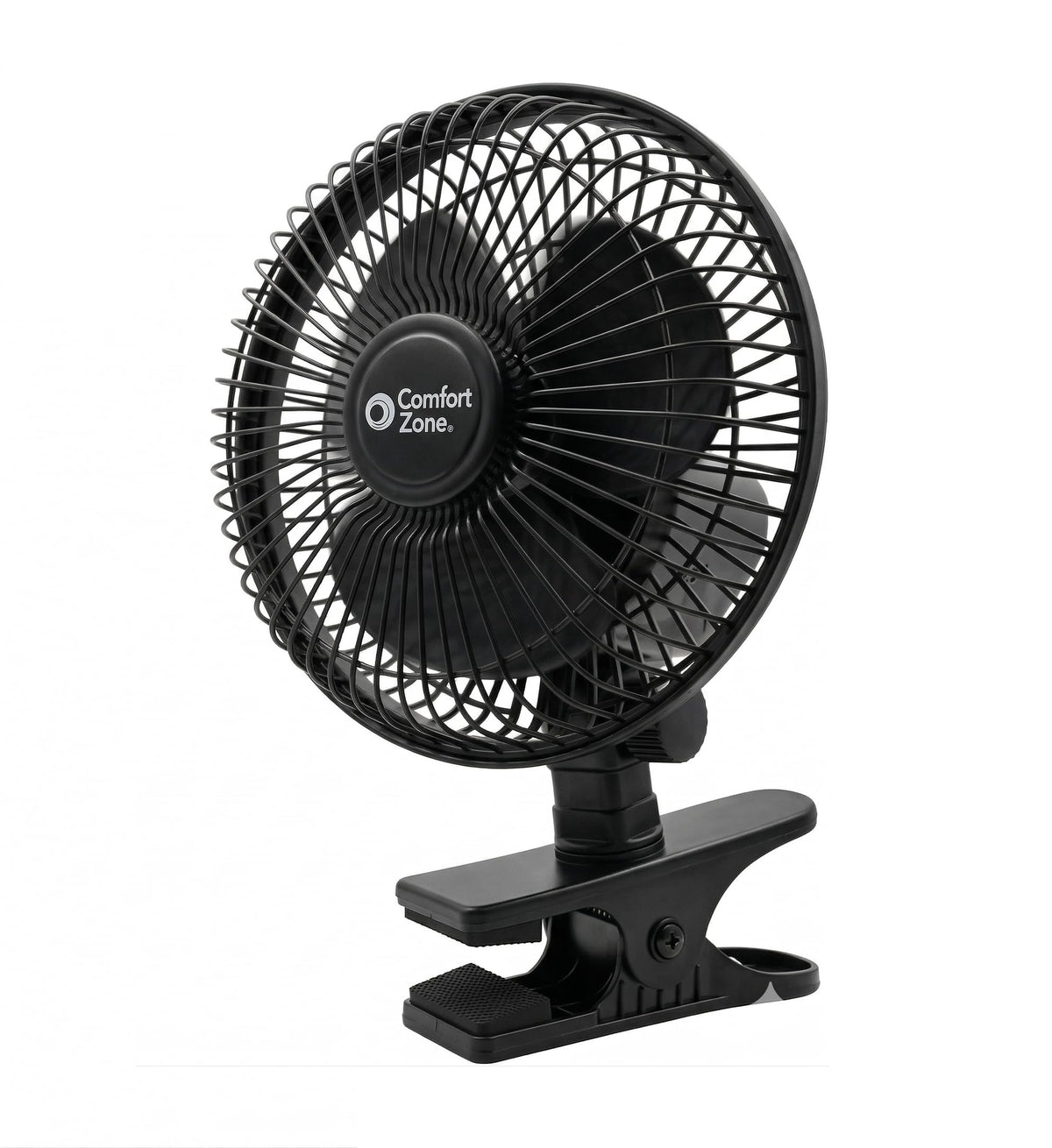 Comfort Zone ventilador clip frontal mostrando diseño compacto y beneficio de enfriamiento localizado