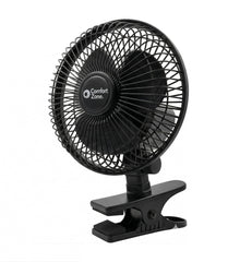 Comfort Zone ventilador clip frontal mostrando diseño compacto y beneficio de enfriamiento localizado