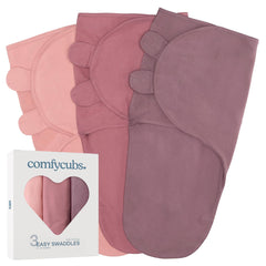 Comfy Cubs pack frontal de tres mantas mostrando los tonos blush mauve mulberry y ahorro de reemplazo