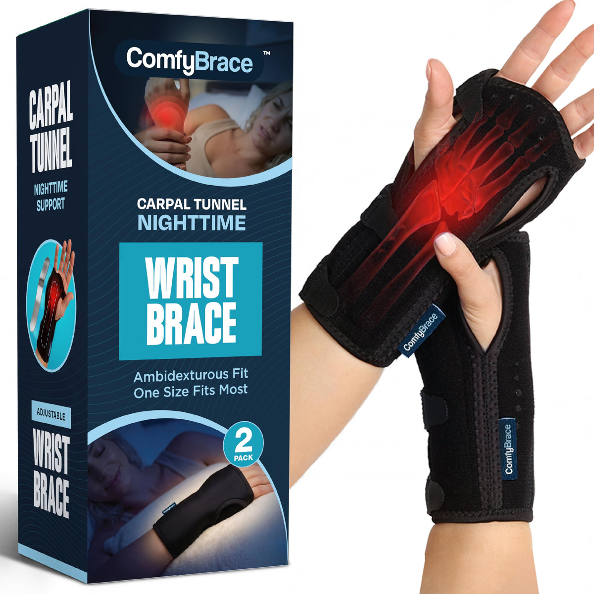 ComfyBrace frente del pack mostrando diseño y beneficio soporte nocturno