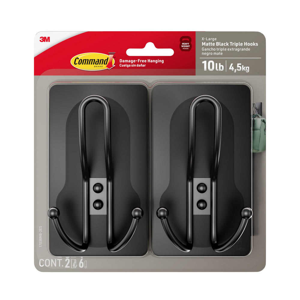 Command gancho triple X-Large frontal negro mate mostrando diseño y capacidad