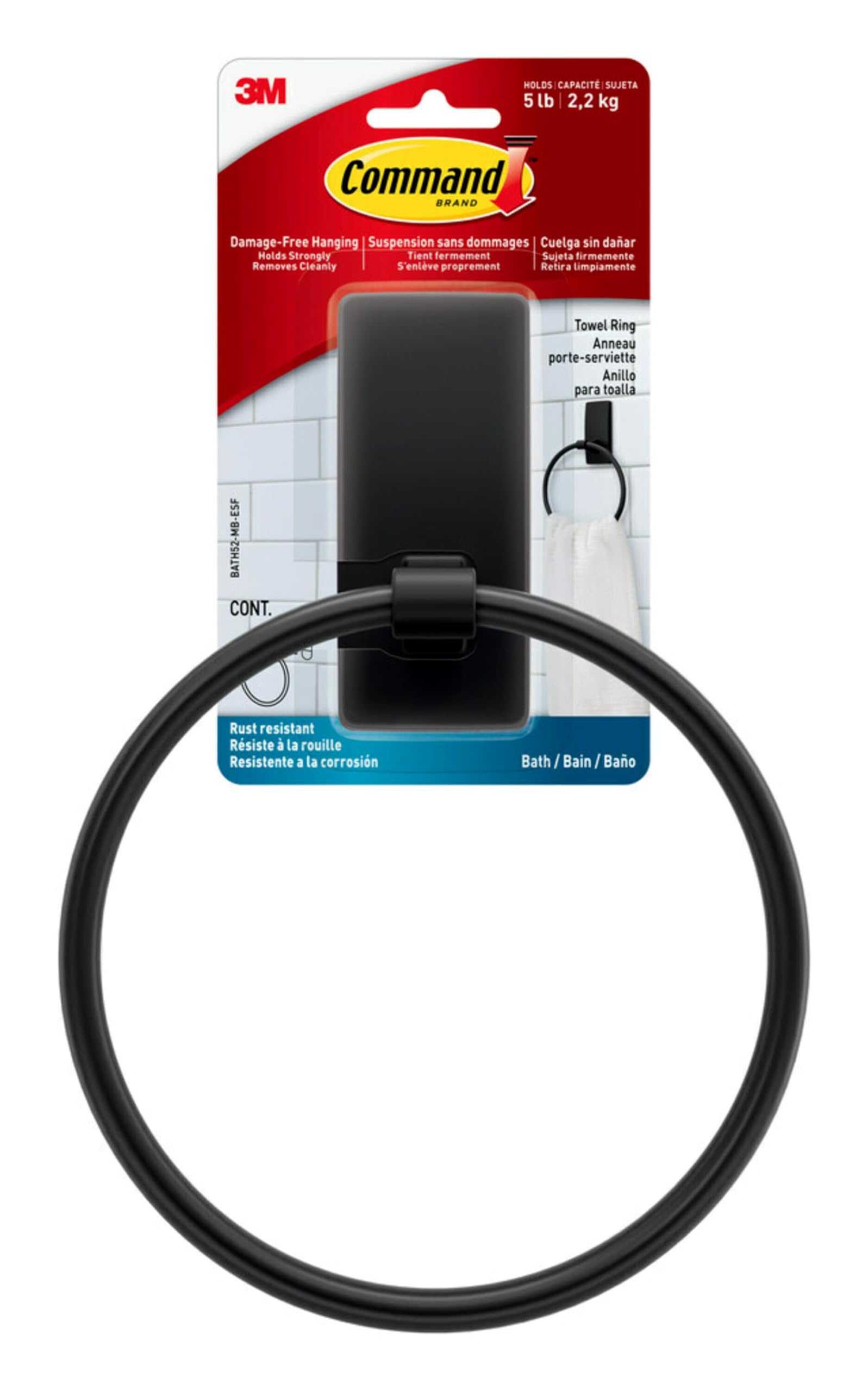 Command porta toallas frontal negro mate, aspecto elegante y ahorro de espacio