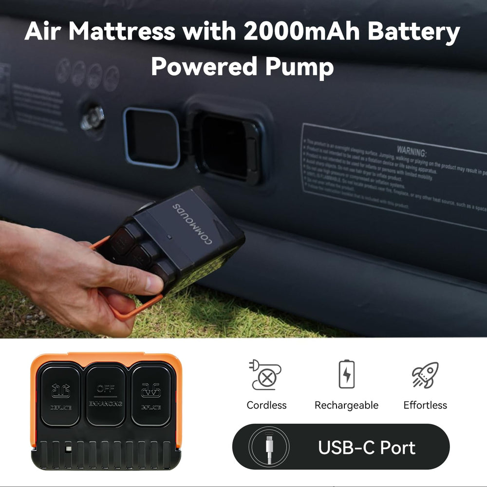 COMMOUDS bomba recargable 2000mAh mostrando controles para inflado rápido