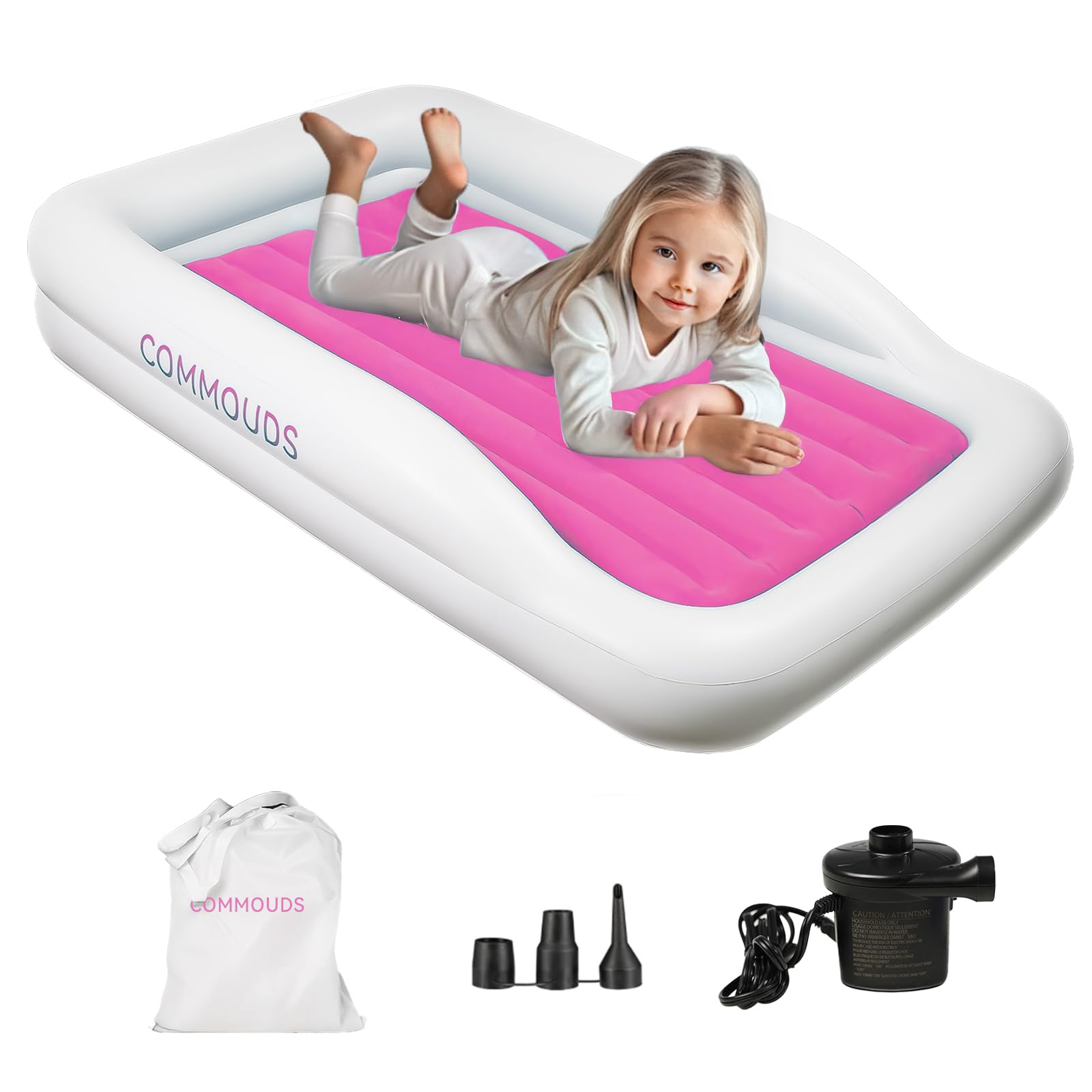 COMMOUDS cama portátil frontal mostrando forma y barandillas, conveniente para viaje
