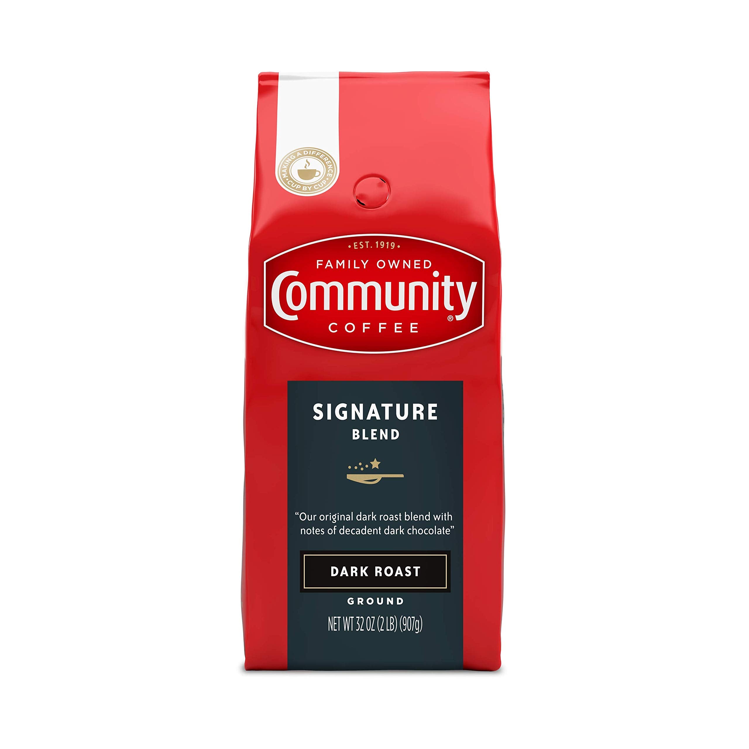 Community Coffee bolsa frontal 32 oz mostrando etiqueta y sabor consistente