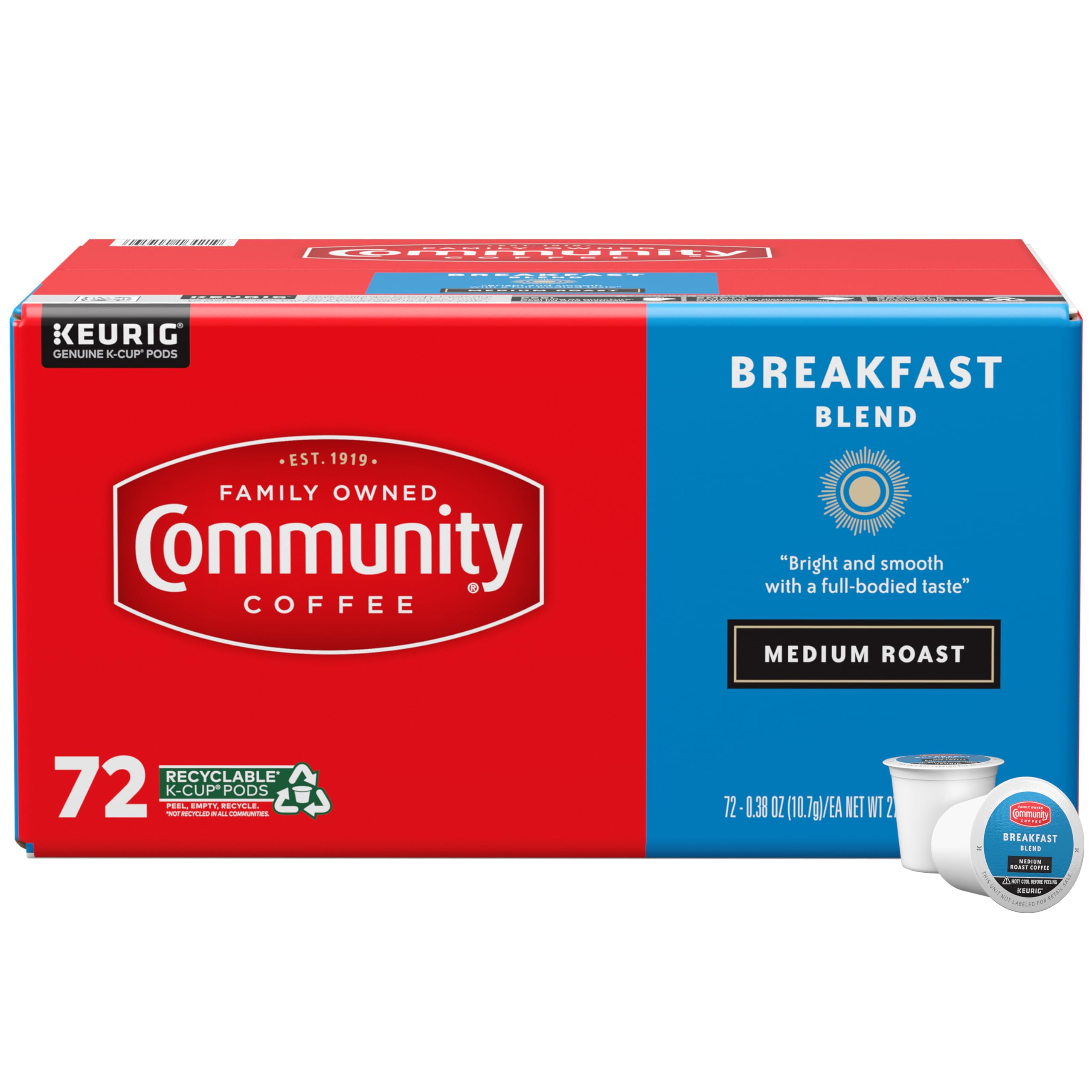 Community Coffee empaque frontal mostrando 72 cápsulas y beneficio conveniencia