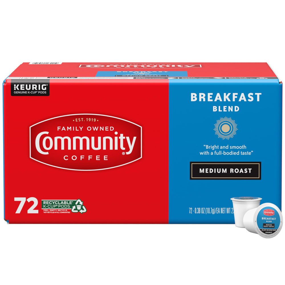 Community Coffee empaque frontal mostrando 72 cápsulas y beneficio conveniencia