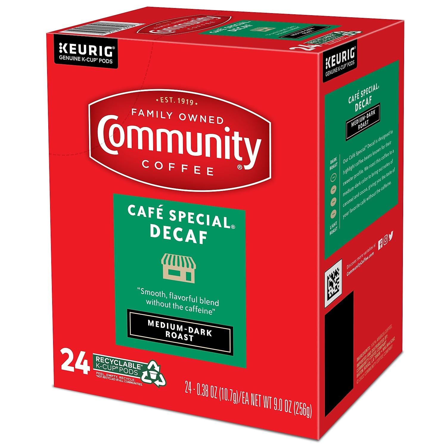 Community Coffee embalaje lateral con información de origen y tueste