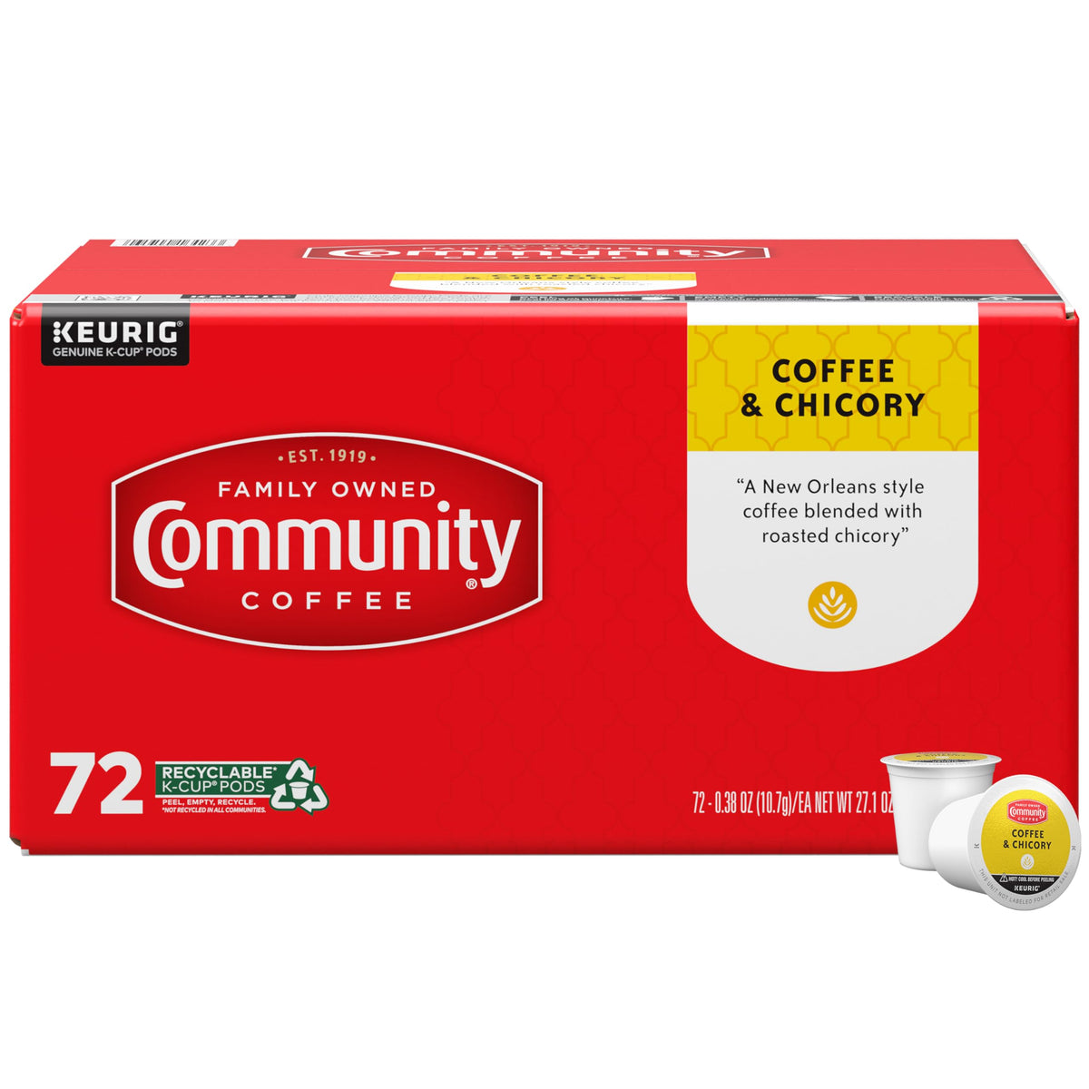 Community Coffee frente del empaque que destaca 72 cápsulas y conveniencia