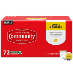Community Coffee frente del empaque que destaca 72 cápsulas y conveniencia