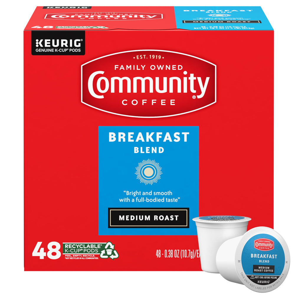 Community Coffee envase frontal de 48 cápsulas, conveniencia y sabor consistente