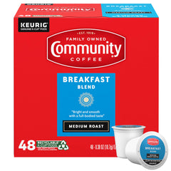 Community Coffee envase frontal de 48 cápsulas, conveniencia y sabor consistente