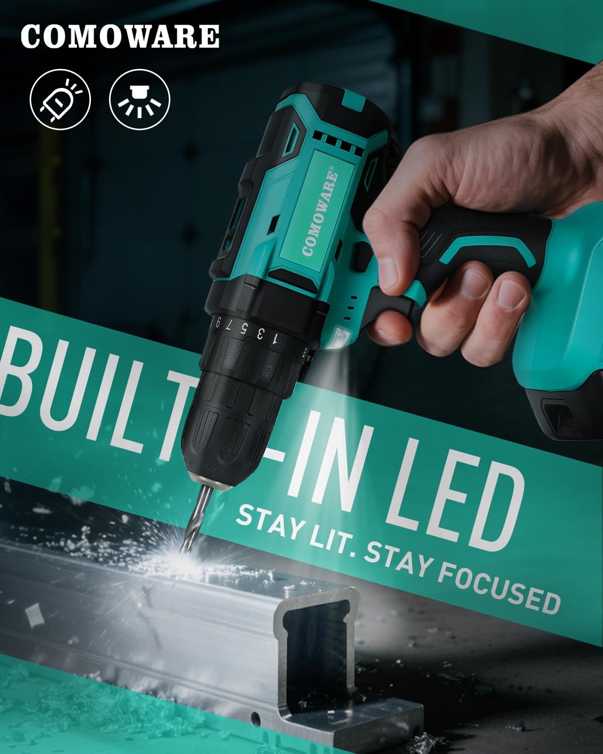 COMOWARE luz LED encendida iluminando área de trabajo en espacio reducido
