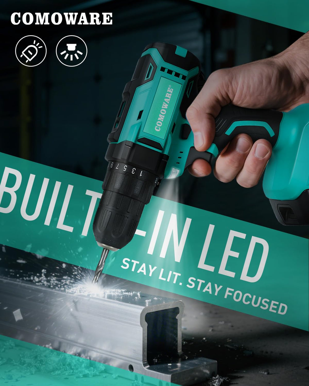 COMOWARE luz LED encendida iluminando área de trabajo en espacio reducido