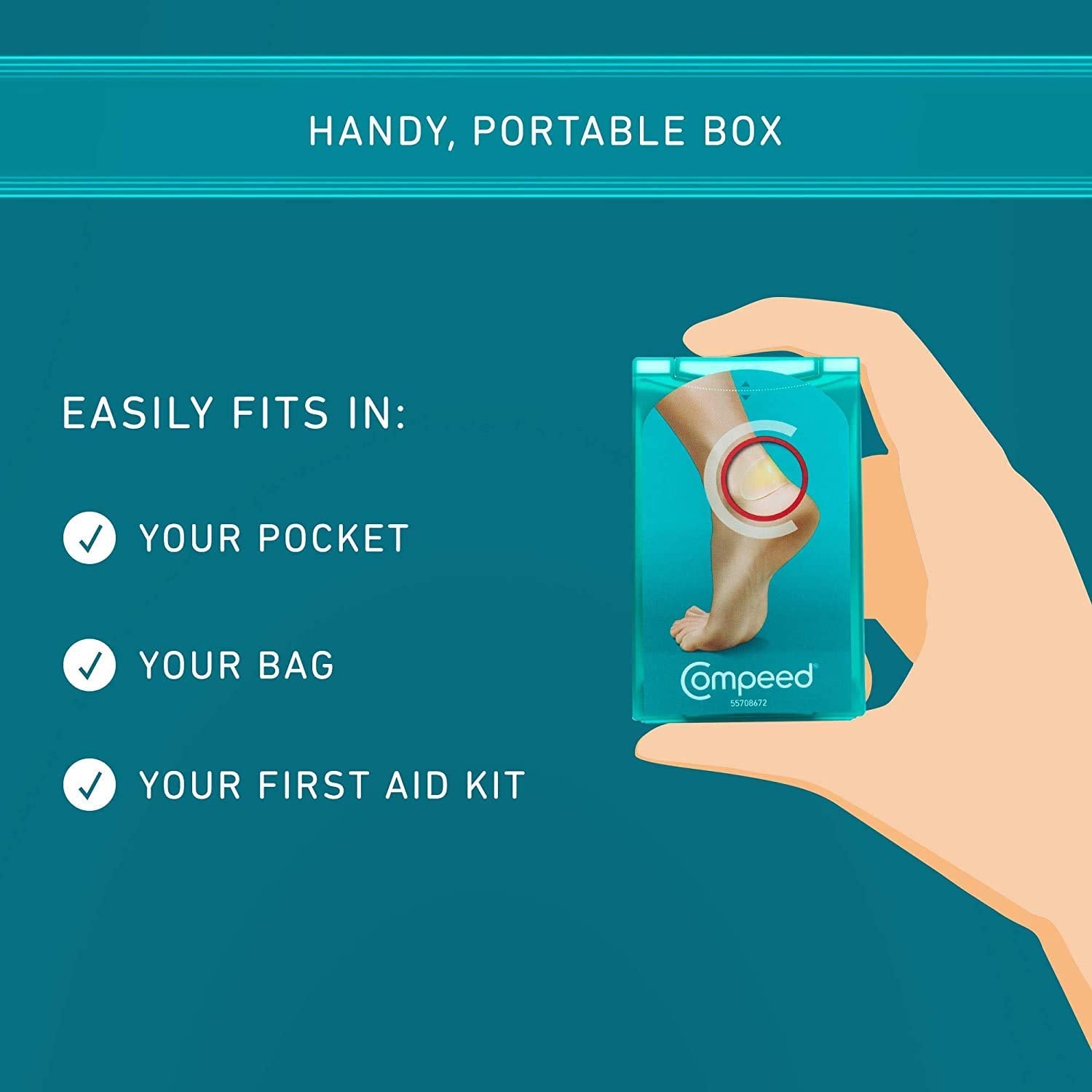 Compeed parche mostrado junto a mano para comparar tamaño y cobertura precisa