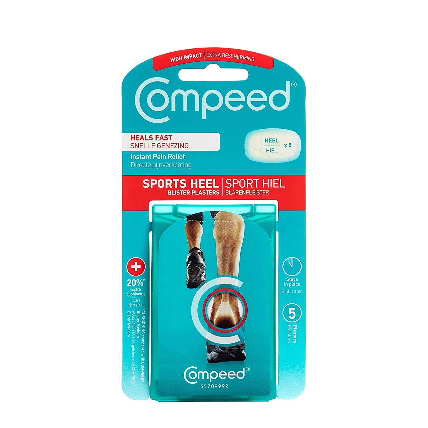 Compeed frontal del paquete mostrando parches para talón y protección duradera