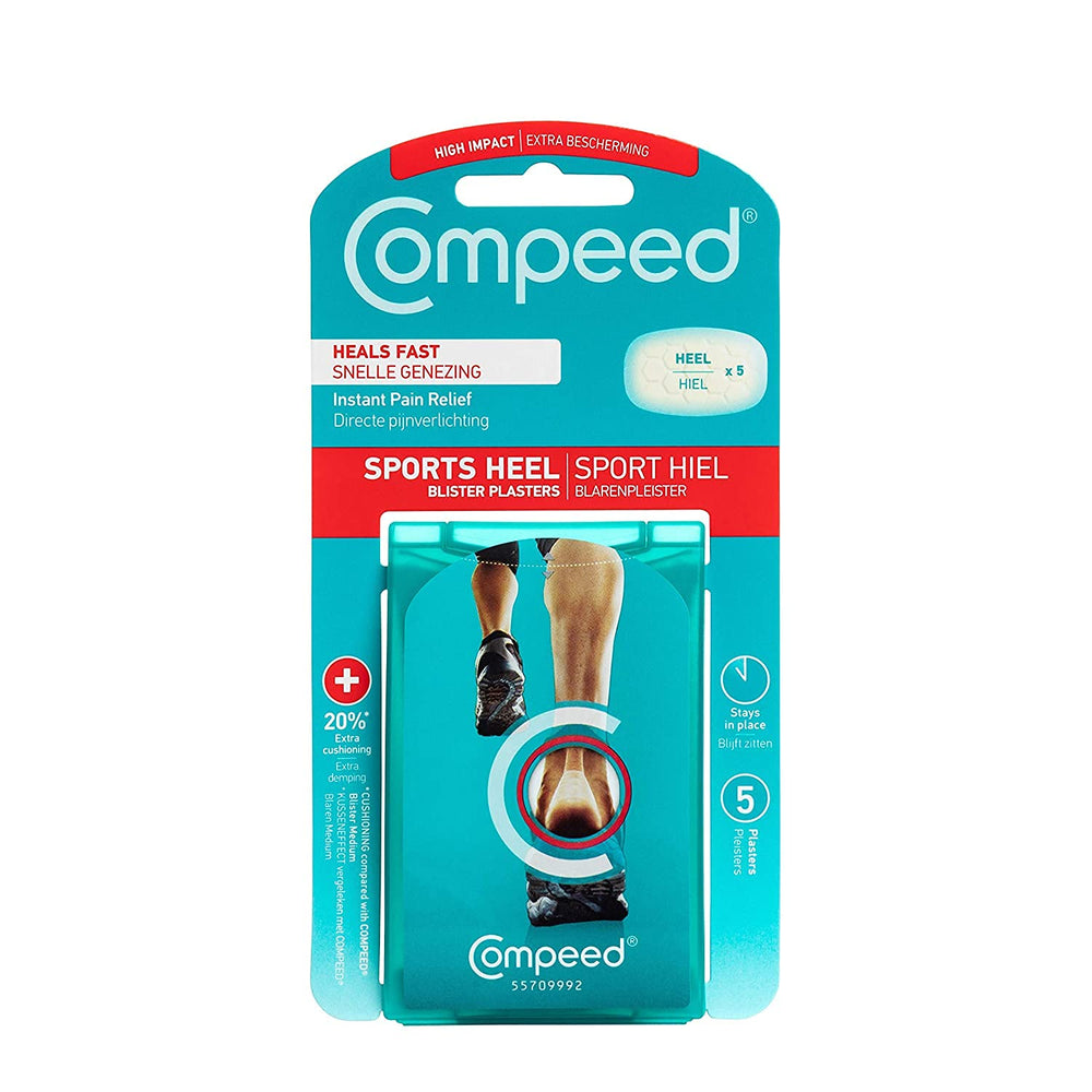 Compeed frontal del paquete mostrando parches para talón y protección duradera
