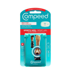 Compeed frontal del paquete mostrando parches para talón y protección duradera