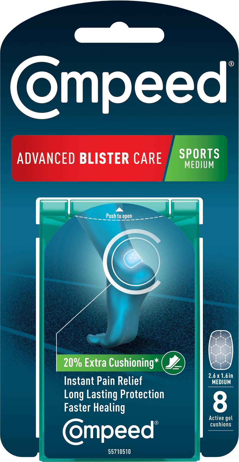 Compeed empaque frontal mostrando 8 parches y protección duradera