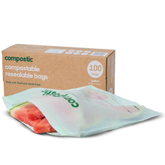 Compostic paquete frontal mostrando 100 bolsas y beneficio ecológico