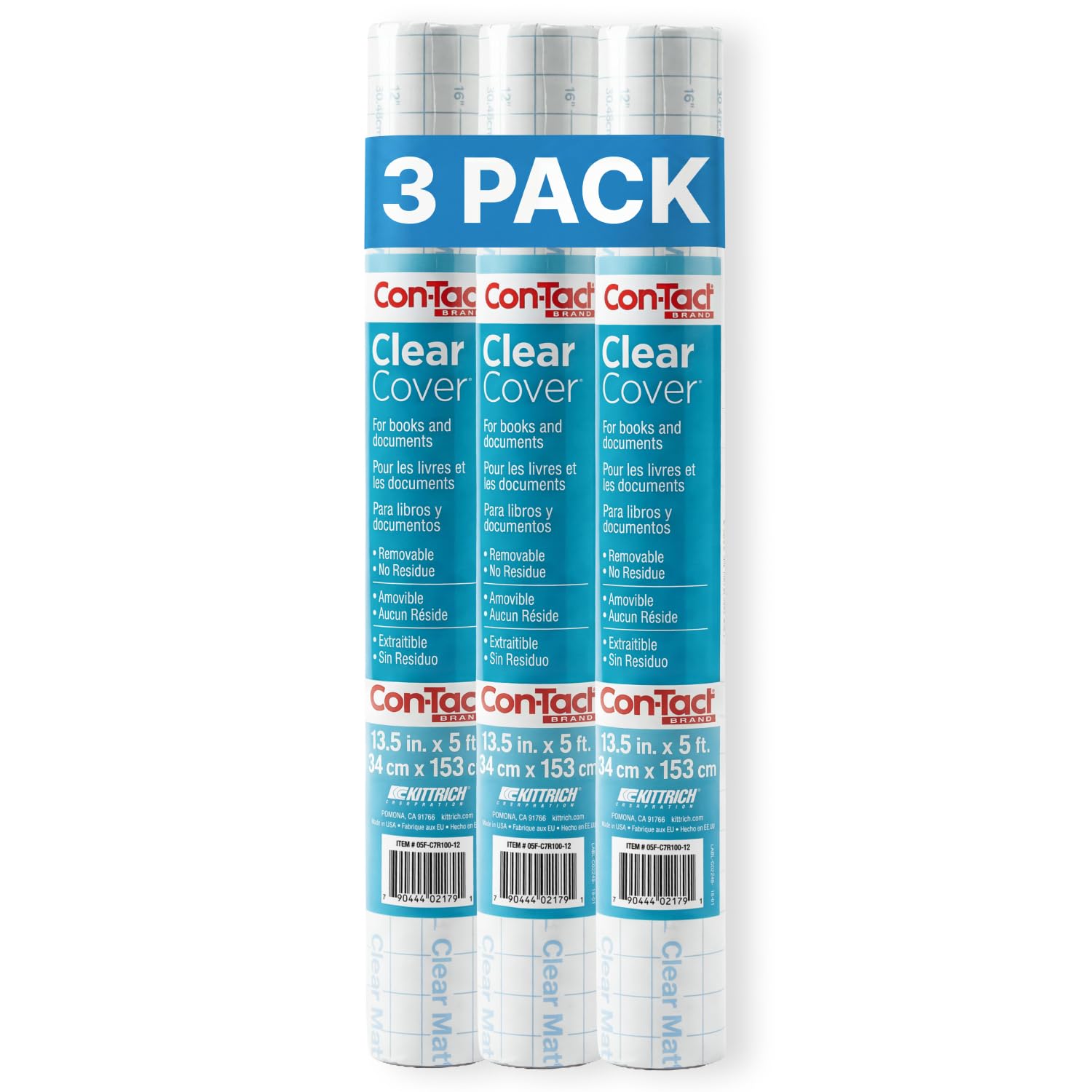 Con-Tact empaque frontal mostrando rollos transparentes y dimensiones claras
