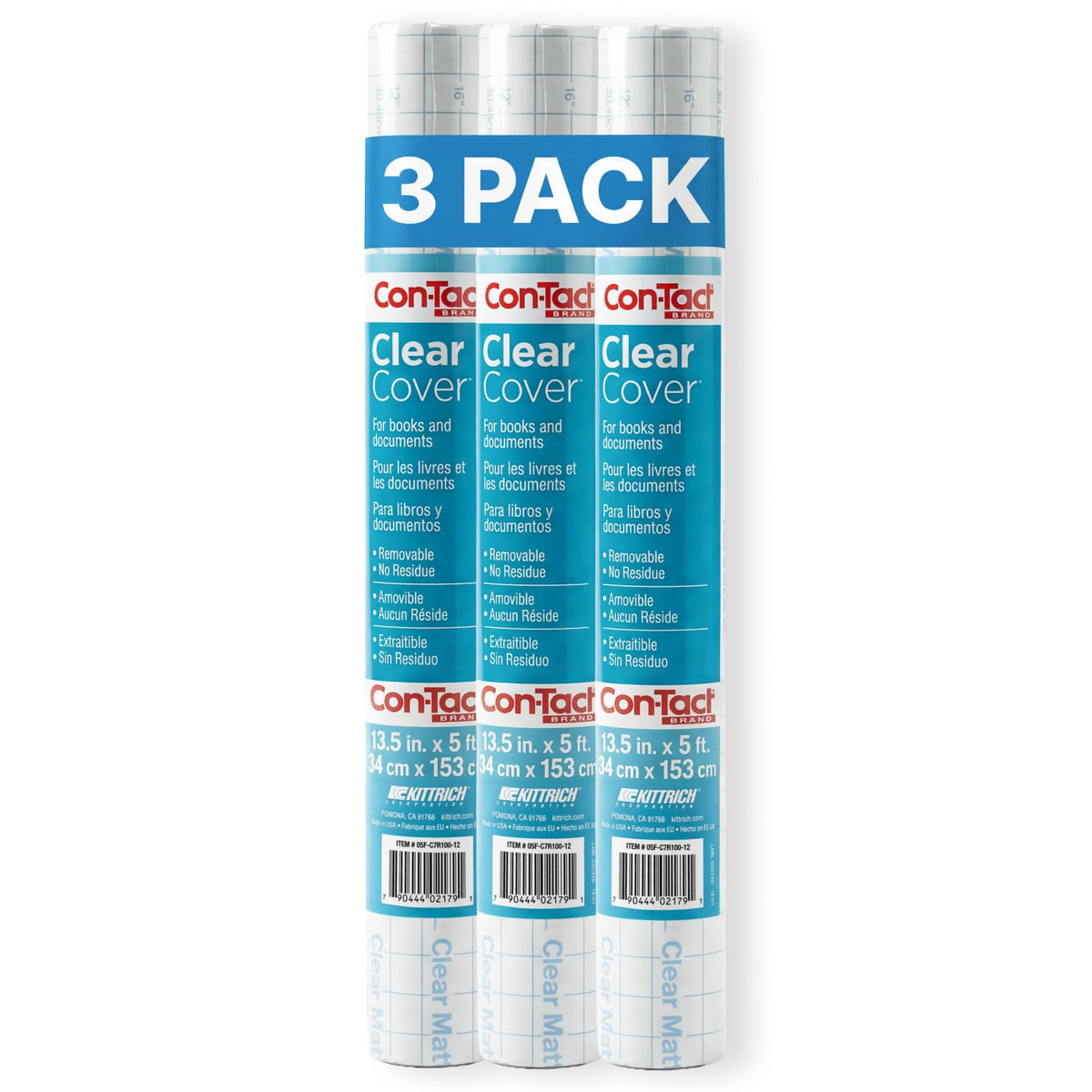 Con-Tact empaque frontal mostrando rollos transparentes y dimensiones claras