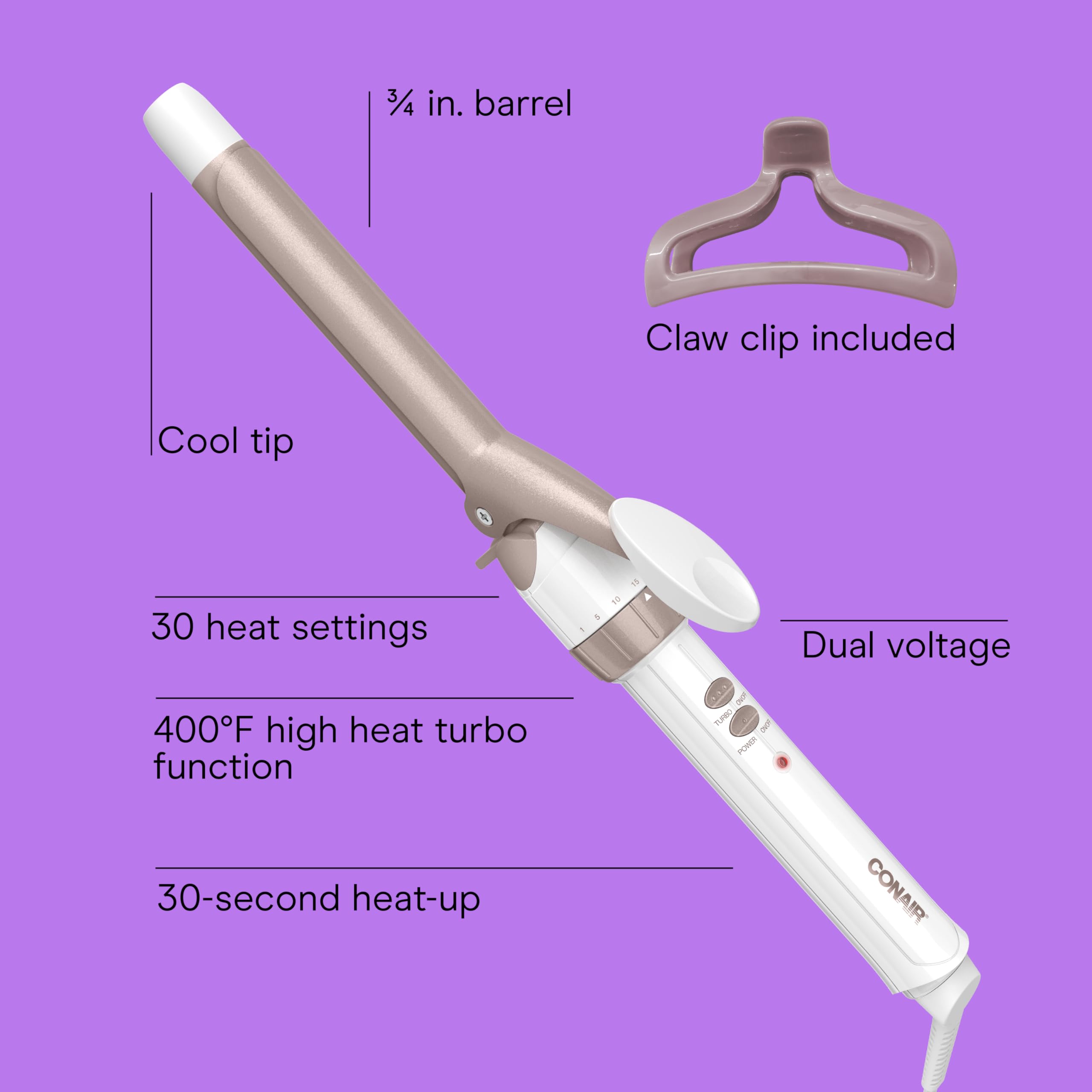 Conair primer plano del barril cerámico que asegura calor uniforme