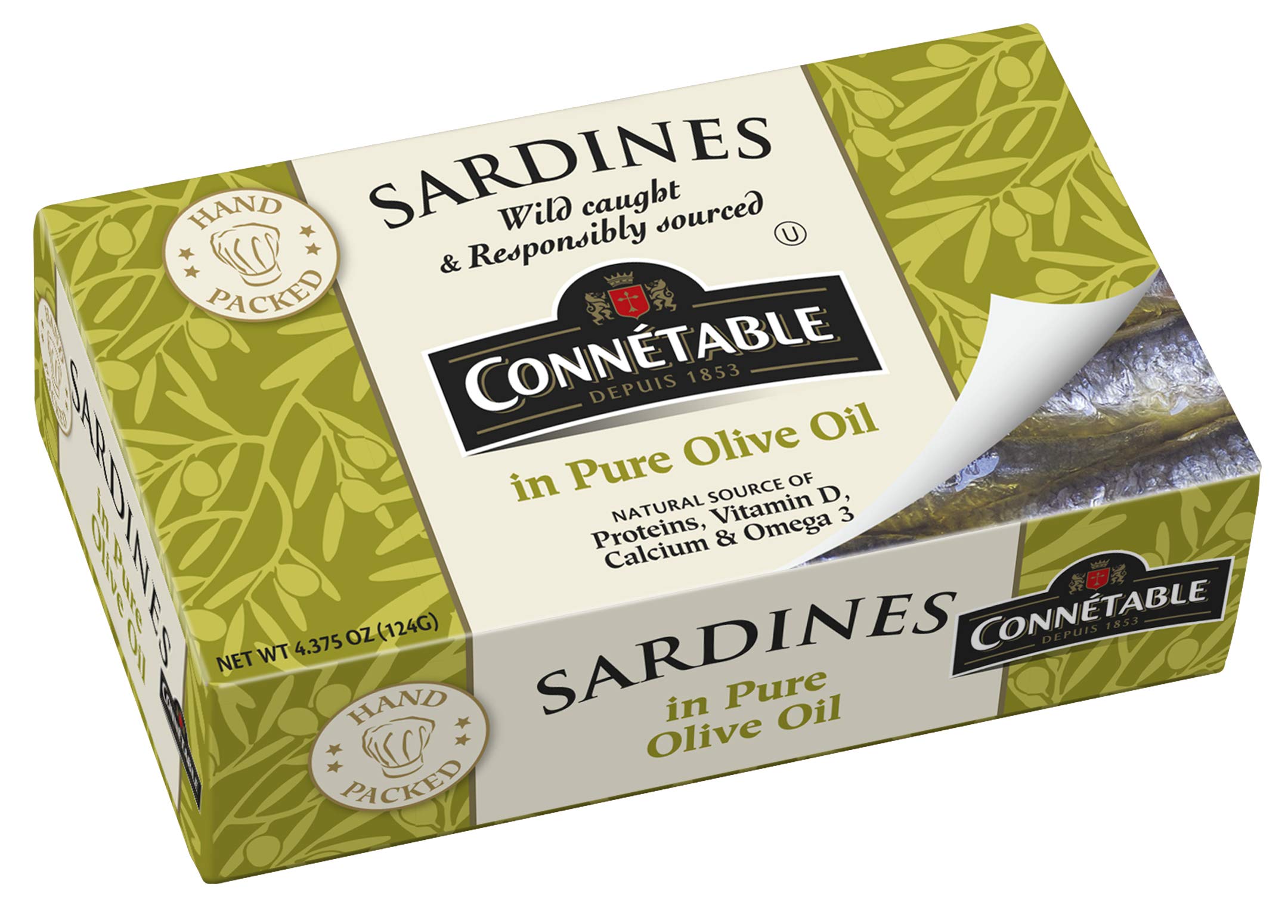 Connetable lata frontal mostrando etiqueta y aceite de oliva, conveniencia lista para comer