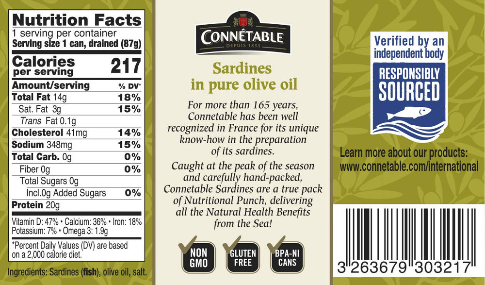 sardina Connetable servida sobre tostada, sabor práctico para aperitivos saludables