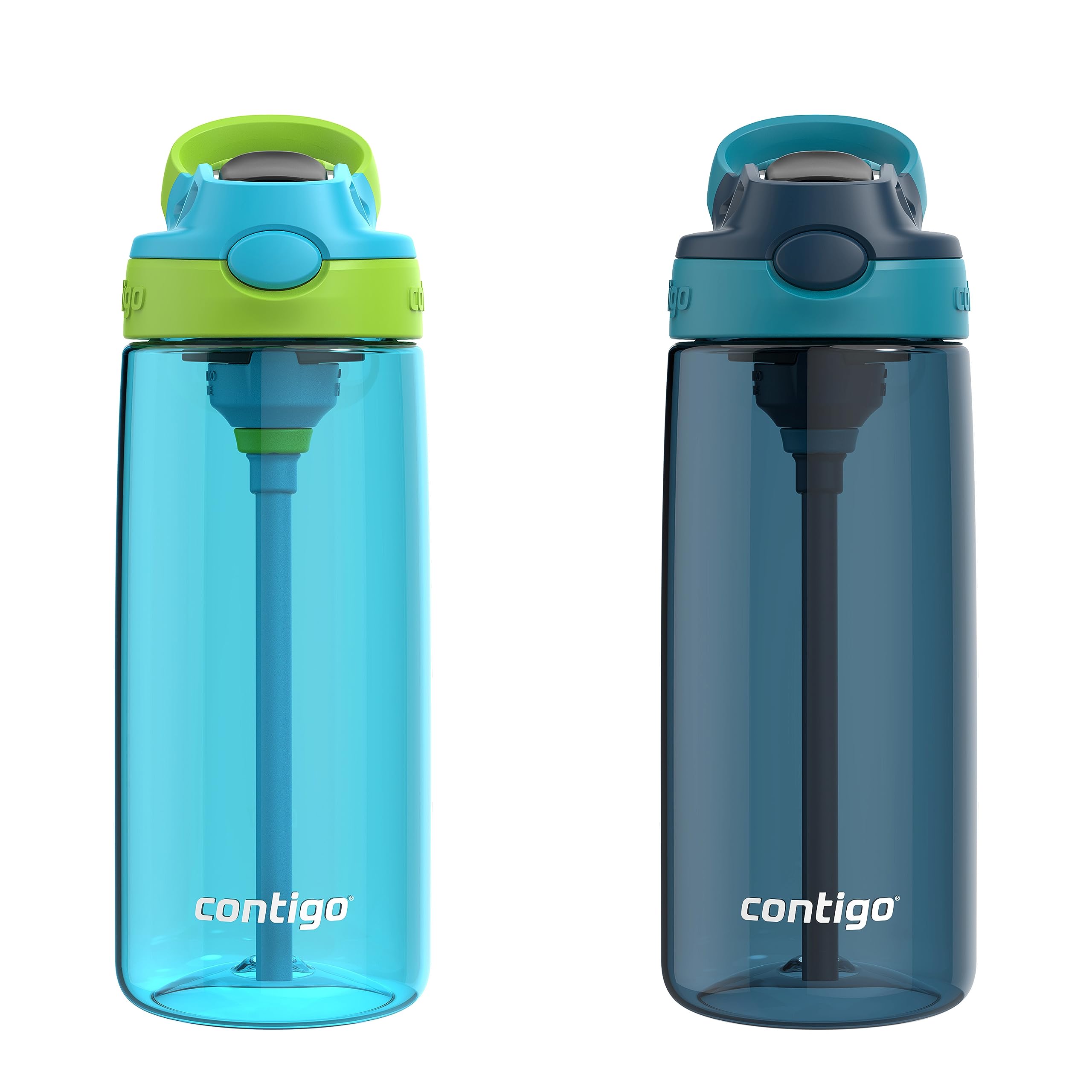 Contigo Aubrey vista frontal del pack de dos botellas coloridas, práctico para niños