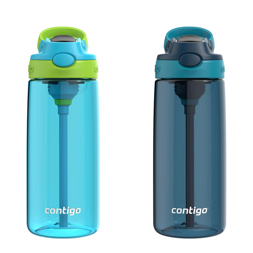 Contigo Aubrey vista frontal del pack de dos botellas coloridas, práctico para niños