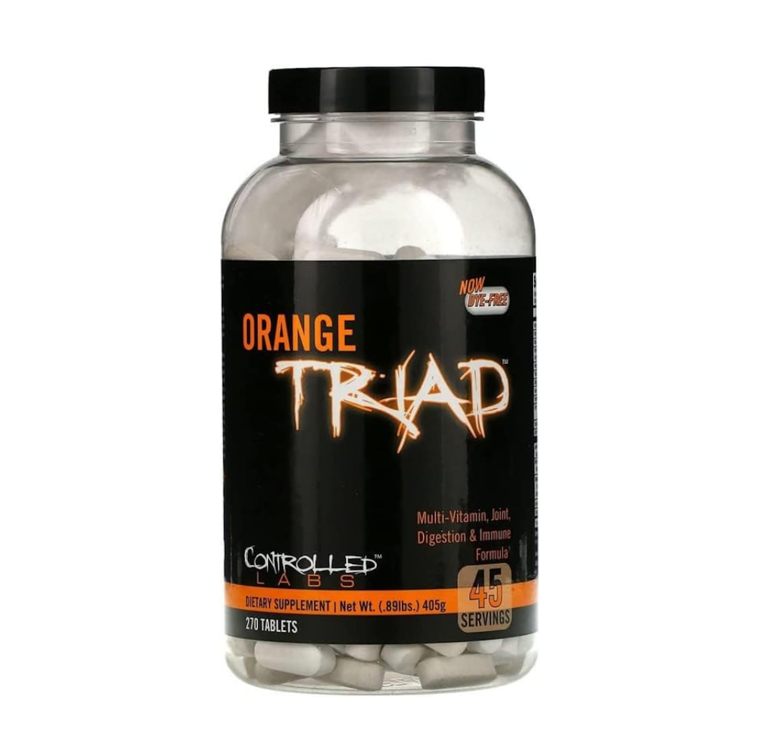 CONTROLLED LABS envase frontal de Orange Triad mostrando 45 servicios y beneficios