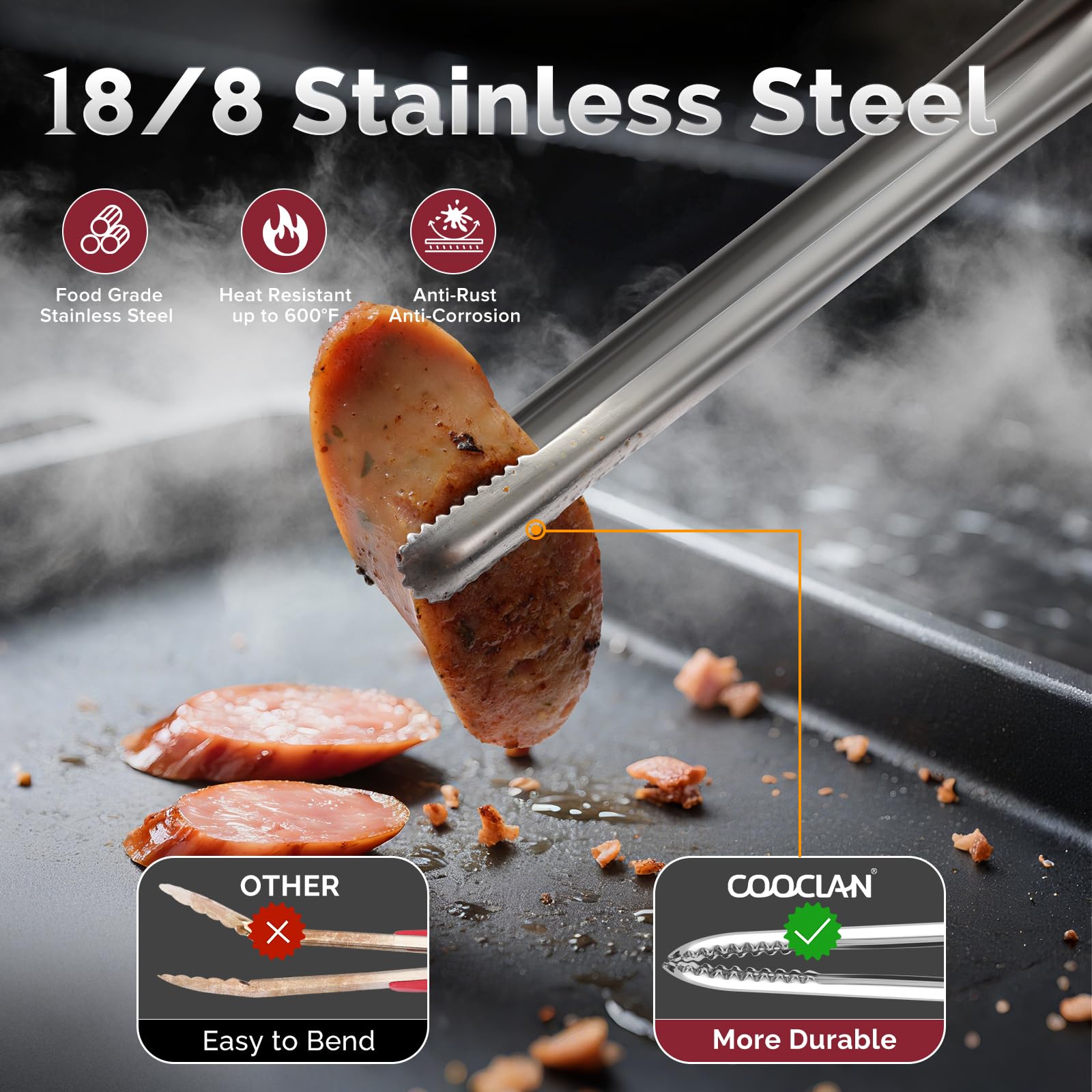 COOCLAN textura de acero inoxidable 18/8 que indica resistencia al calor