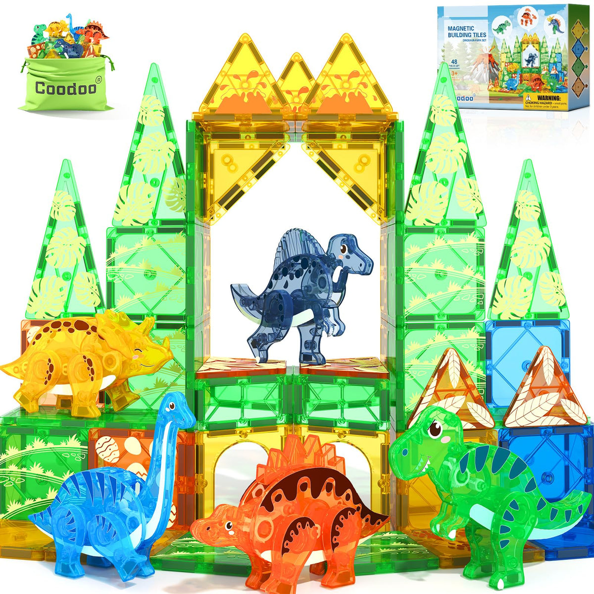 Coodoo empaque frontal con cinco dinosaurios 3D y piezas temáticas, ideal regalo educativo