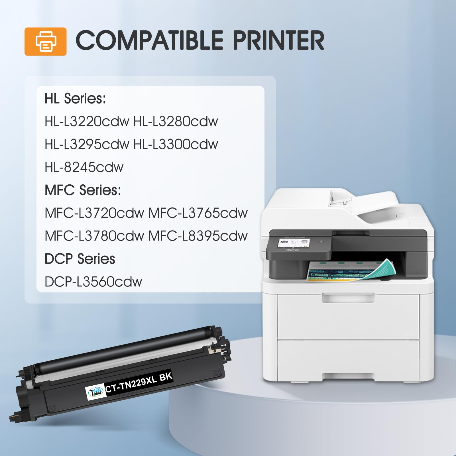 Cool Toner detalle de etiqueta con modelo TN229XL y compatibilidad visible