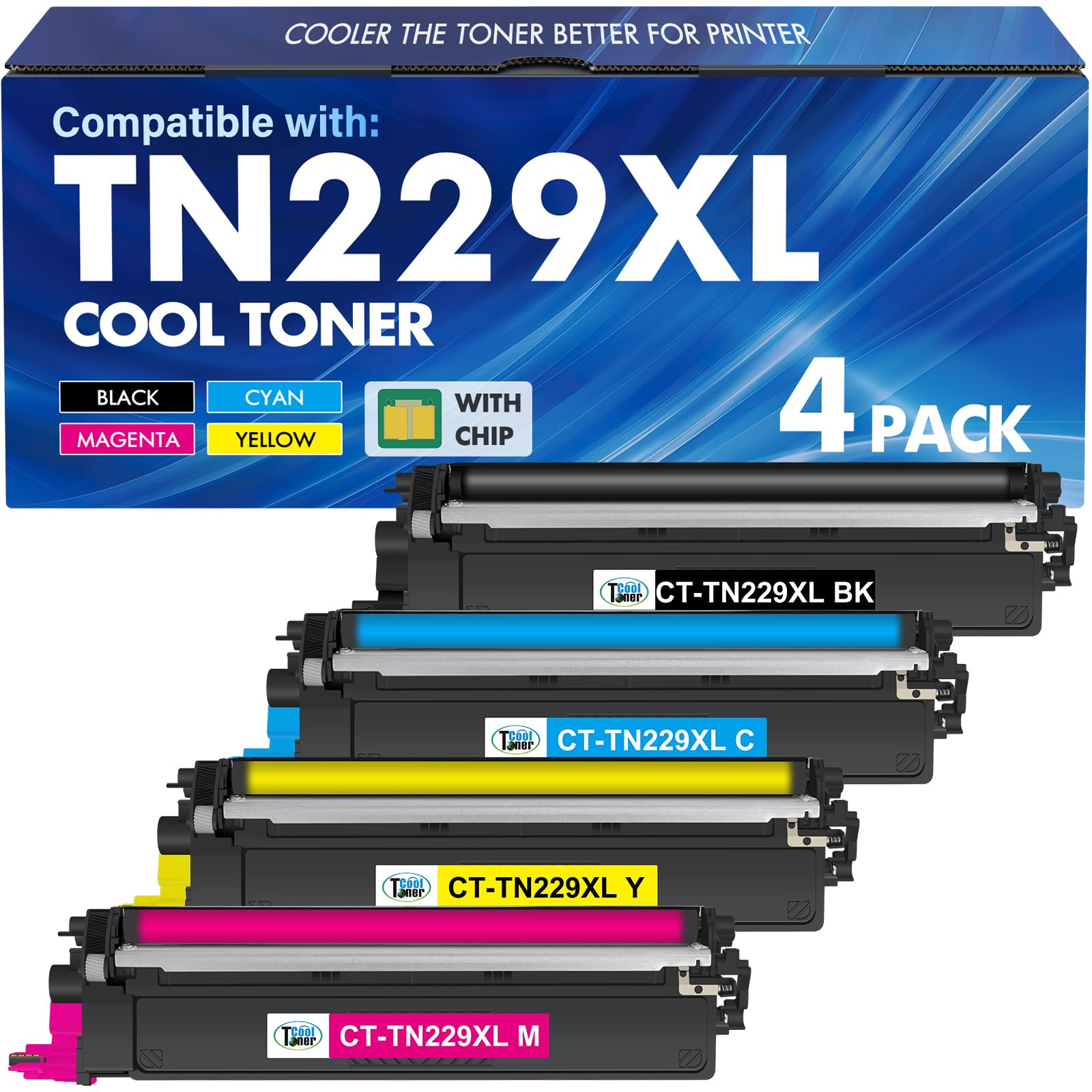 Cool Toner pack frontal mostrando los cuatro cartuchos y presentación profesional
