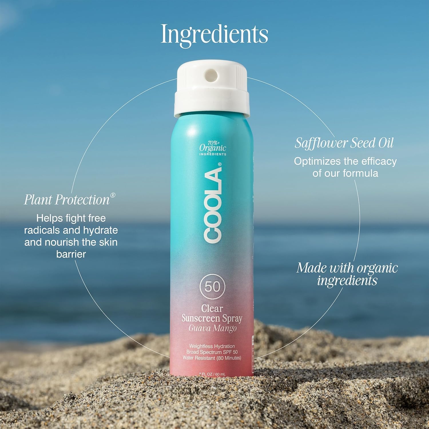 COOLA etiqueta que muestra SPF 30 y SPF 50 para elegir protección