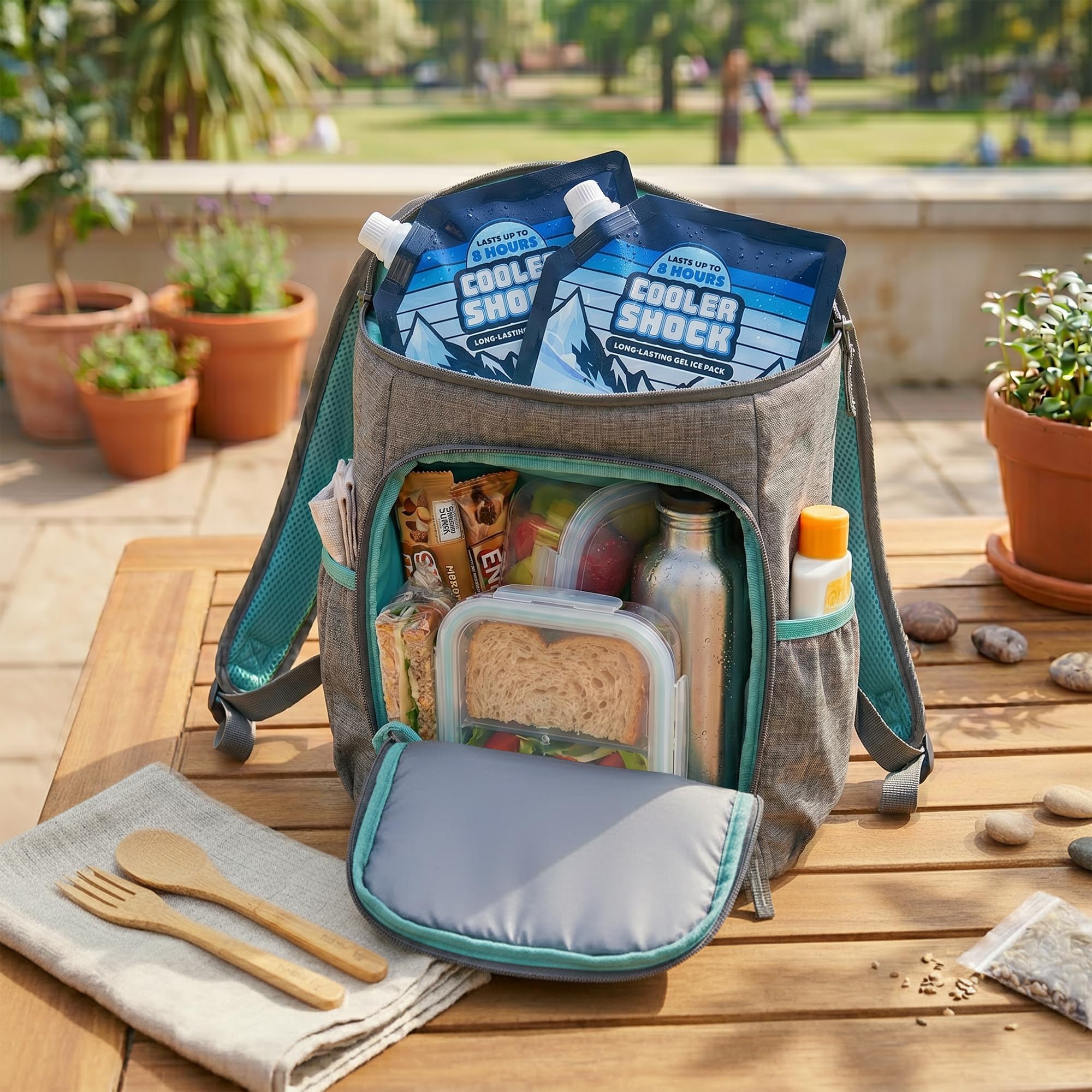 Cooler Shock pack en bolsa térmica en la playa protegiendo alimentos